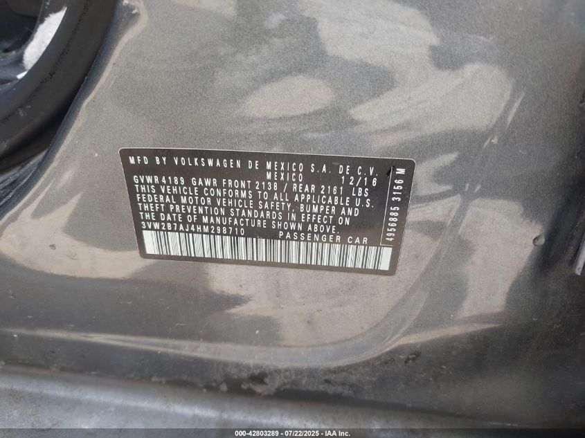 2017 Volkswagen Jetta 1.4T S VIN: 3VW2B7AJ4HM29871 Lot: 42803289