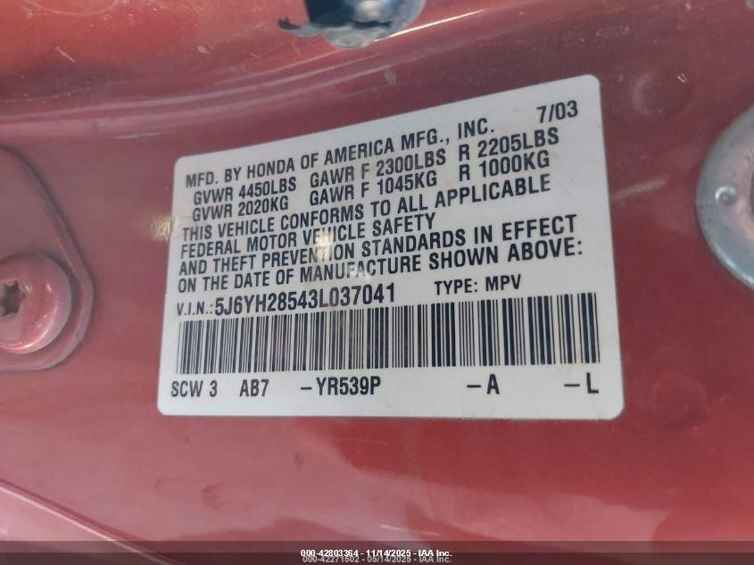 2003 Honda Element Ex VIN: 5J6YH28543L037041 Lot: 42803364
