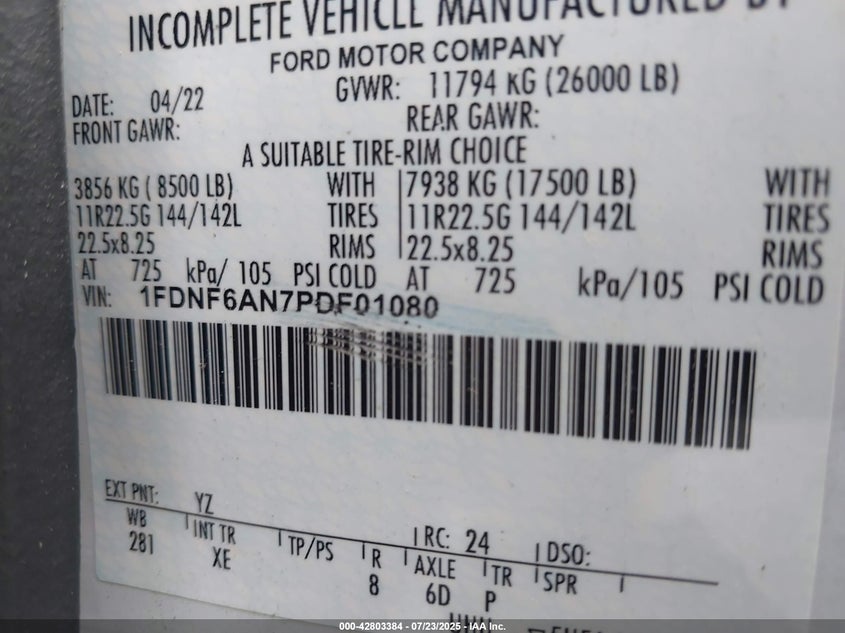 2023 FORD F-650 GAS(VIN: 1FDNF6AN7PDF01080