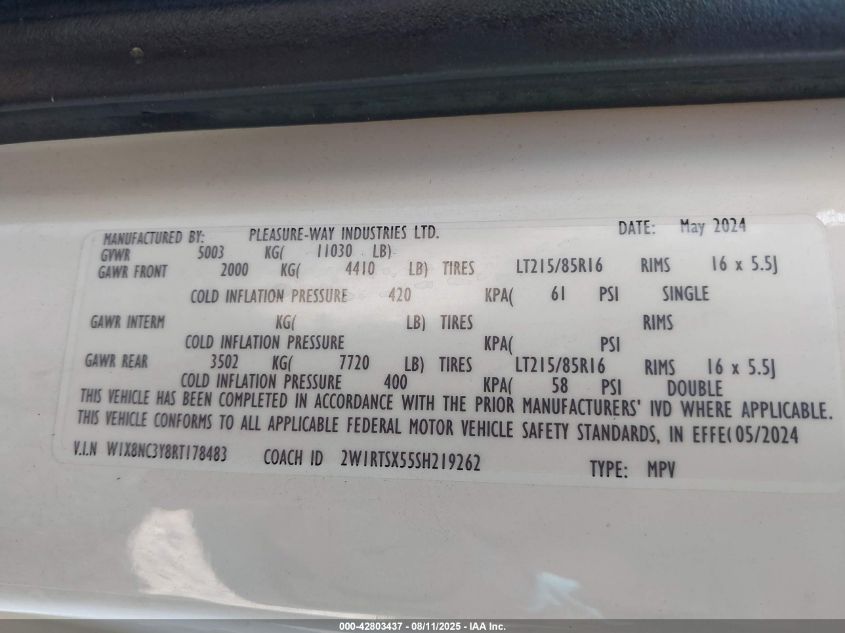 2024 Mercedes-Benz Sprinter 3500Xd High Roof 4-Cyl Diesel Ho VIN: W1X8NC3Y8RT178483 Lot: 42803437