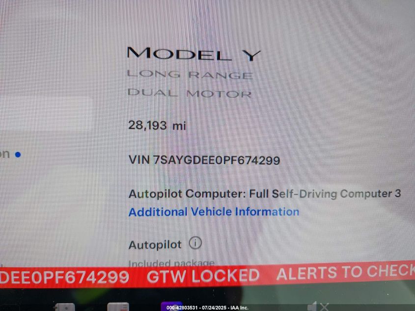 2023 Tesla Model Y Awd/Long Range Dual Motor All-Wheel Drive VIN: 7SAYGDEE0PF674299 Lot: 42803531