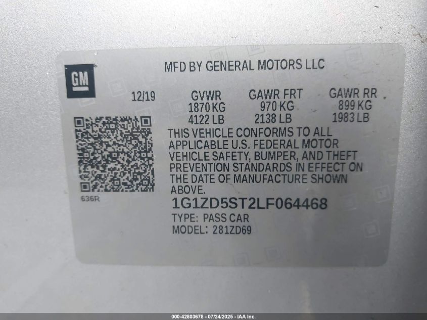 2020 Chevrolet Malibu Fwd Lt VIN: 1G1ZD5ST2LF064468 Lot: 42803678