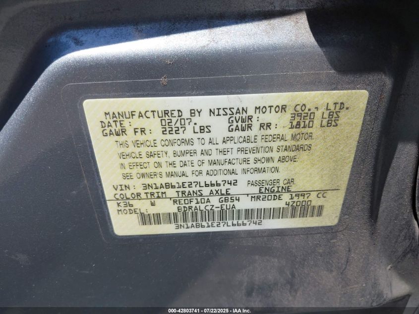 2007 Nissan Sentra 2.0 VIN: 3N1AB61E27L666742 Lot: 42803741