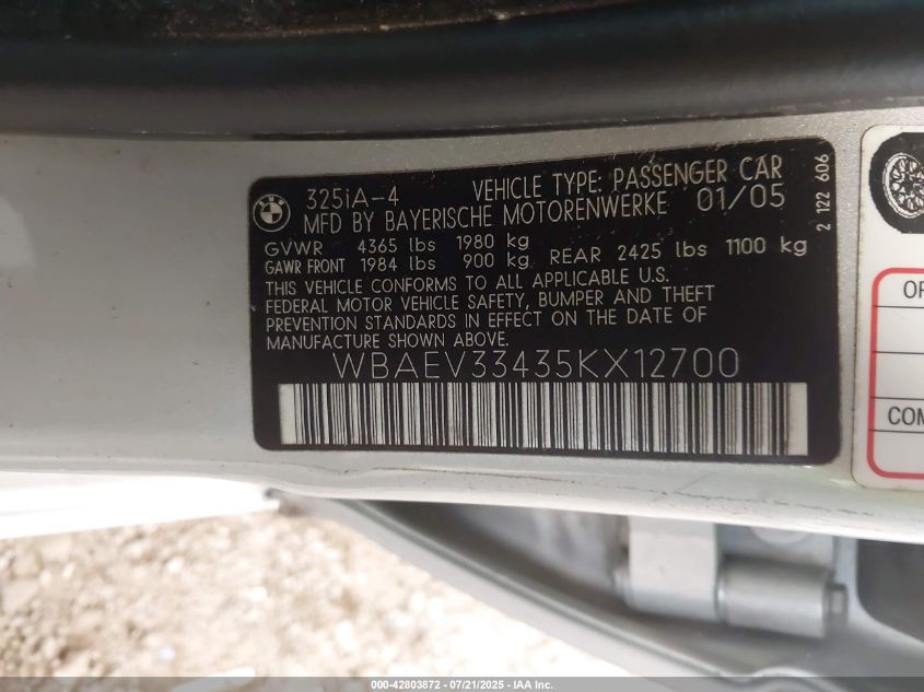 2005 BMW 325I VIN: WBAEV33435KX12700 Lot: 42803872