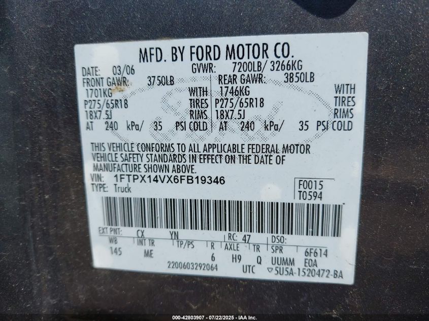 2006 Ford F-150 Fx4/Lariat/Xl/Xlt VIN: 1FTPX14VX6FB19346 Lot: 42803907