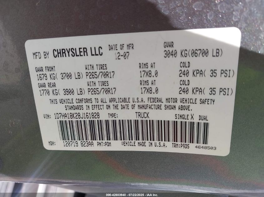 2008 Dodge Ram 1500 St/Sxt VIN: 1D7HA18K28J161828 Lot: 42803940
