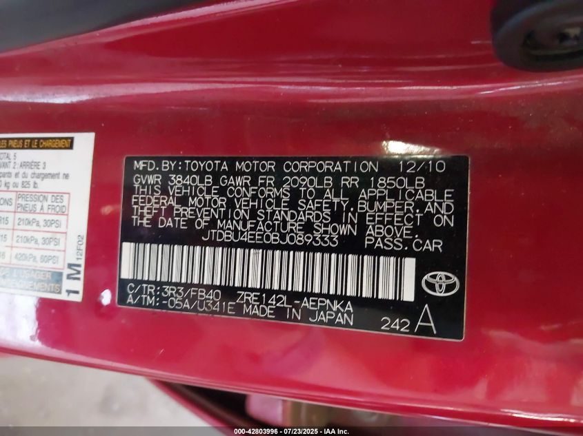 2011 Toyota Corolla Le VIN: JTDBU4EE0BJ089333 Lot: 42803996