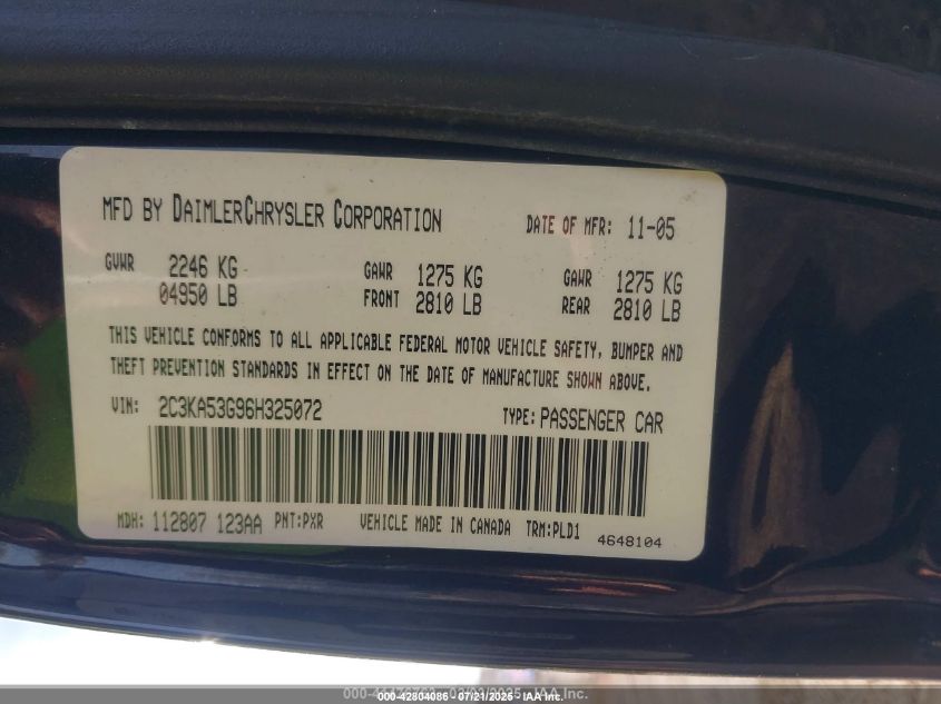 2006 Chrysler 300 Touring VIN: 2C3KA53G96H325072 Lot: 42804086