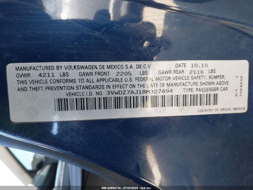 2011 Volkswagen Jetta 2.5L Se VIN: 3VWDZ7AJ1BM327494 Lot: 42804114