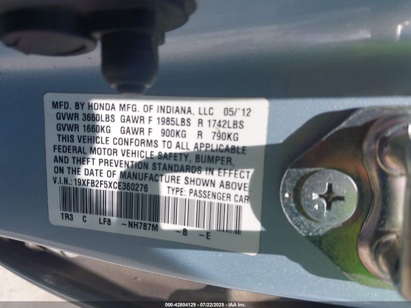 2012 Honda Civic Lx VIN: 19XFB2F5XCE360276 Lot: 42804129