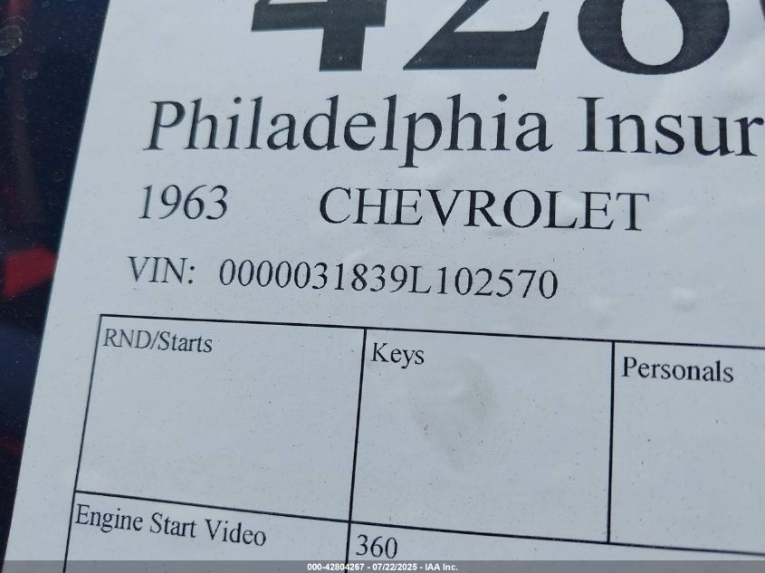 1963 Chevrolet Impala VIN: 0000031839L102570 Lot: 42804267