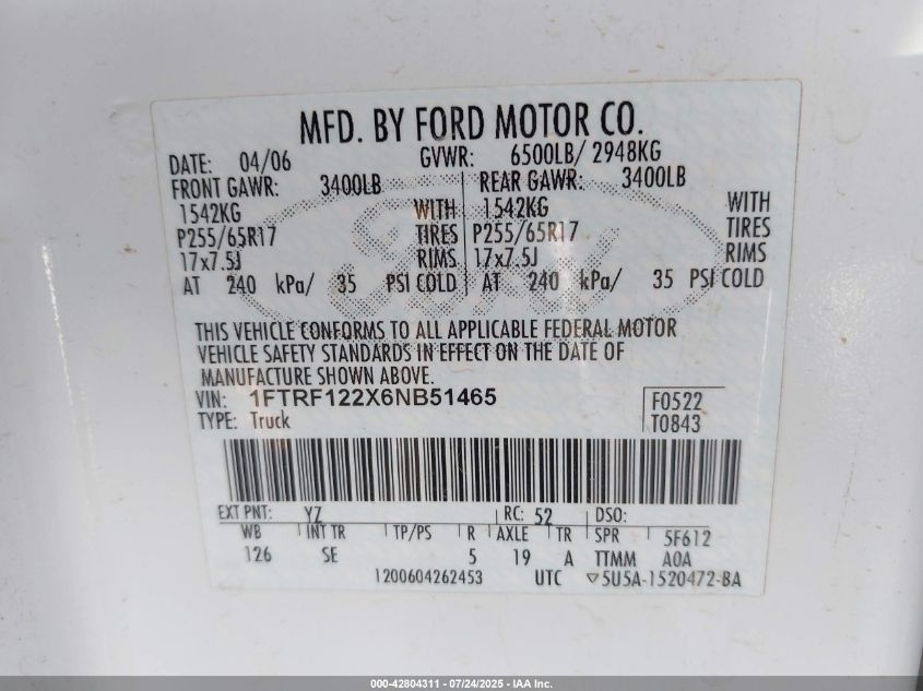 2006 Ford F-150 Stx/Xl/Xlt VIN: 1FTRF122X6NB51465 Lot: 42804311