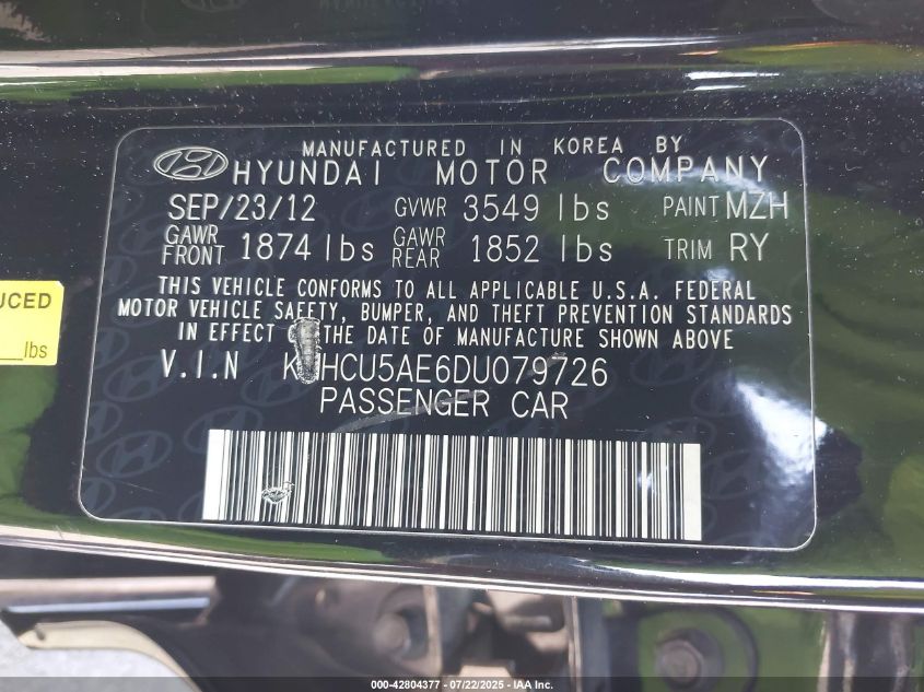 2013 Hyundai Accent Se VIN: KMHCU5AE6DU079726 Lot: 42804377