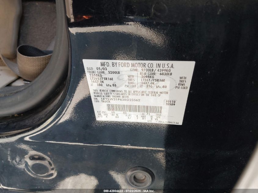 2003 Ford F-350 Lariat/Xl/Xlt VIN: 1FTSW31P63ED23562 Lot: 42804422