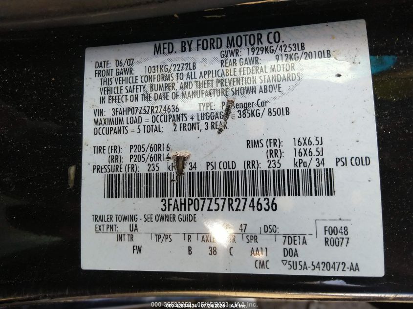 2007 Ford Fusion Se VIN: 3FAHP07Z57R274636 Lot: 42804434