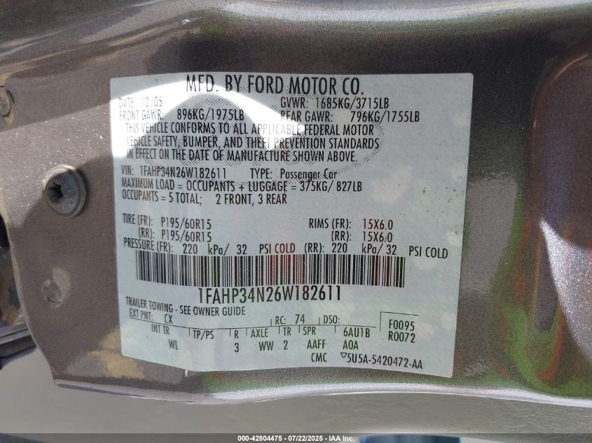 2006 Ford Focus Zx4 VIN: 1FAHP34N26W182611 Lot: 42804475