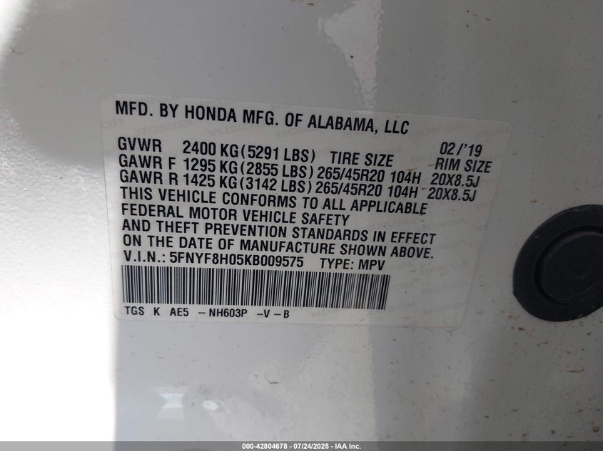 2019 HONDA PASSPORT ELITE - 5FNYF8H05KB009575