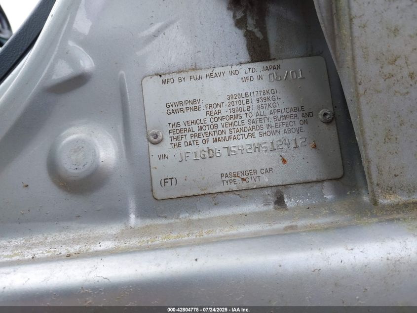 2002 Subaru Impreza 2.5Rs VIN: JF1GD67542H512412 Lot: 42804778