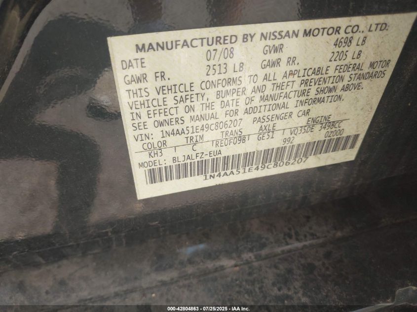 2009 Nissan Maxima 3.5 Sv VIN: 1N4AA51E49C806207 Lot: 42804863