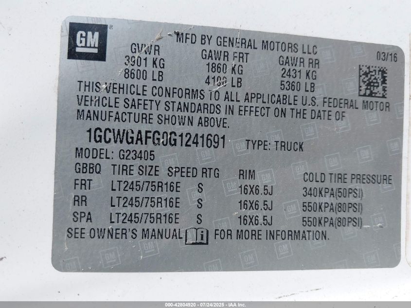 2016 Chevrolet Express 2500 Work Van VIN: 1GCWGAFG0G1241691 Lot: 42804920