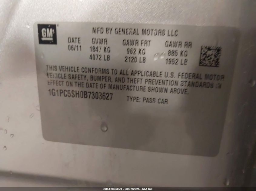2011 Chevrolet Cruze Ls VIN: 1G1PC5SH0B7303627 Lot: 42805029
