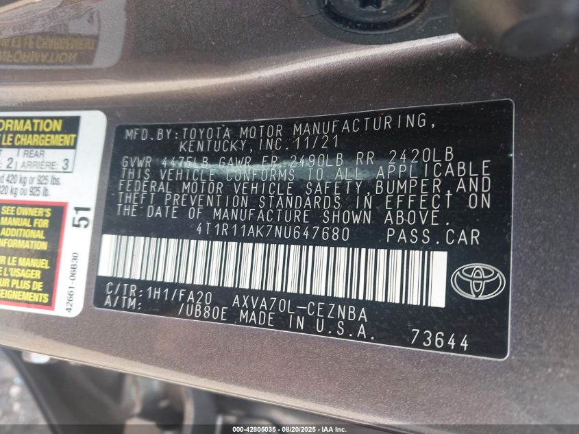 2022 Toyota Camry Le VIN: 4T1R11AK7NU647680 Lot: 42805035