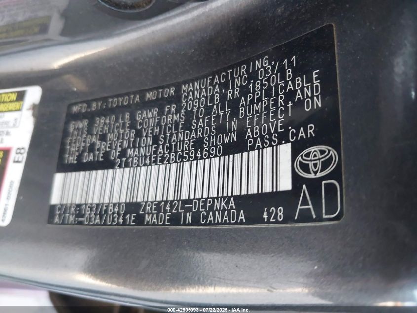 2011 Toyota Corolla Le VIN: 2T1BU4EE2BC594690 Lot: 42805093