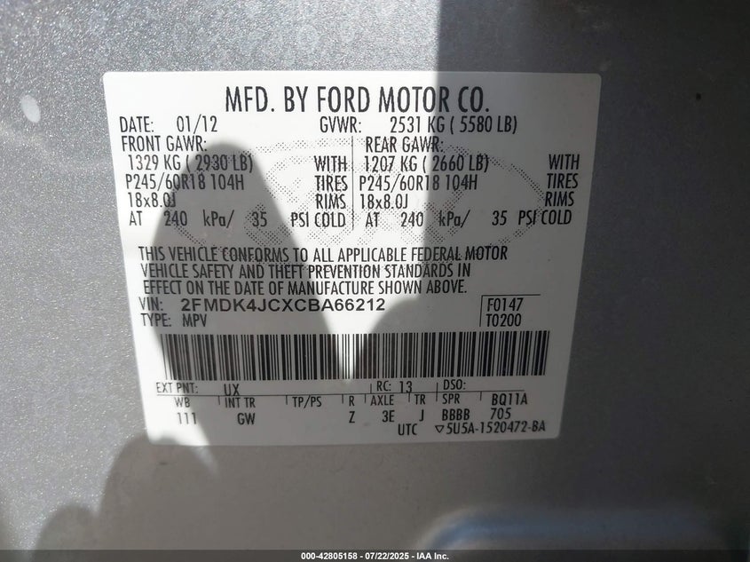 2012 Ford Edge Sel VIN: 2FMDK4JCXCBA66212 Lot: 42805158