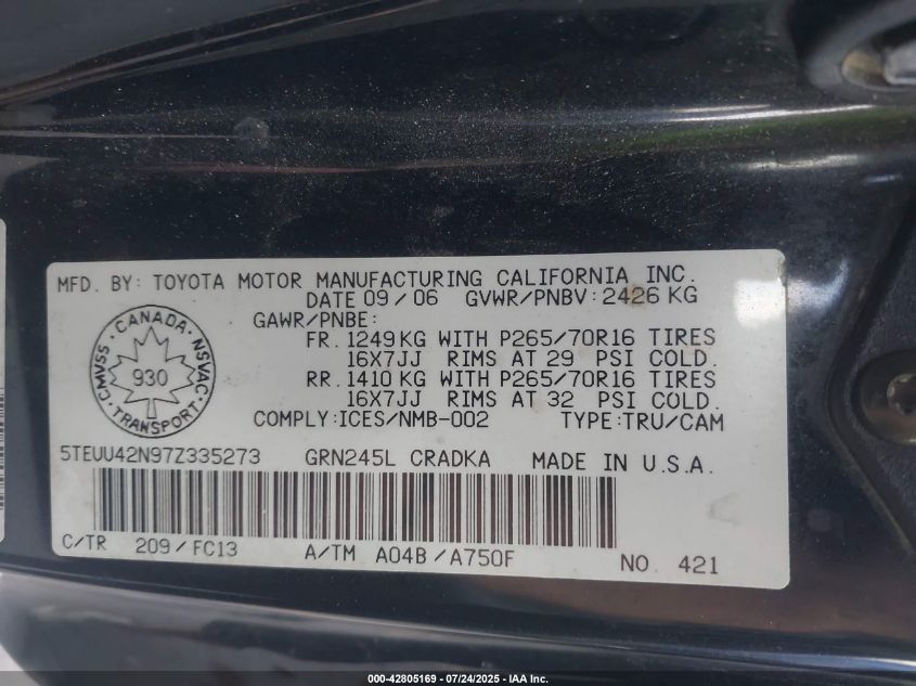 2007 Toyota Tacoma Base V6 VIN: 5TEUU42N97Z335273 Lot: 42805169