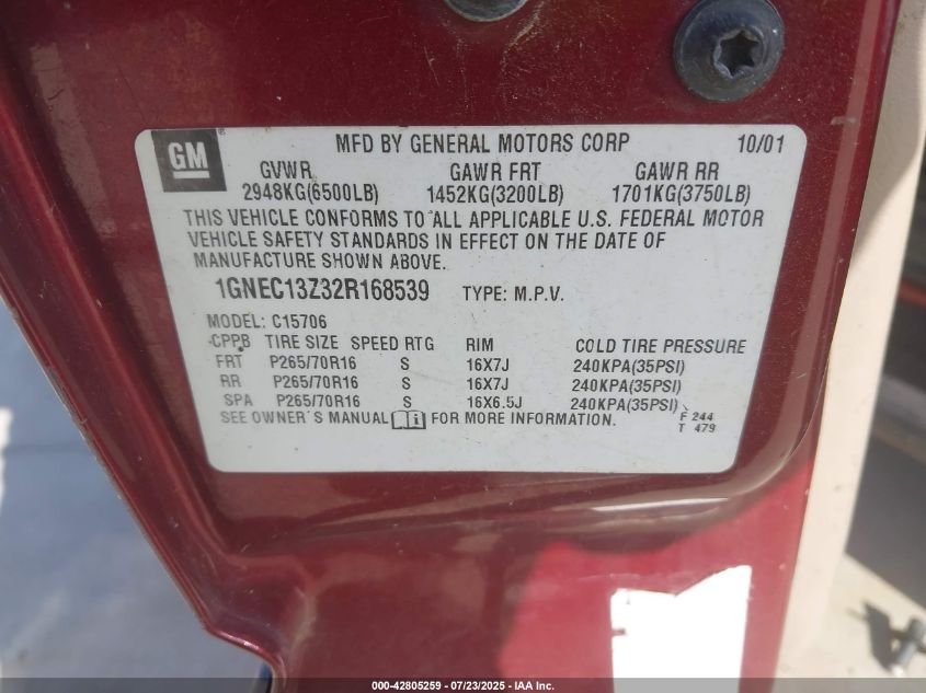 2002 Chevrolet Tahoe Ls VIN: 1GNEC13Z32R168539 Lot: 42805259