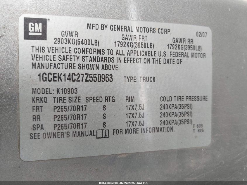 2007 Chevrolet Silverado 1500 Work Truck VIN: 1GCEK14C27Z550963 Lot: 42805393