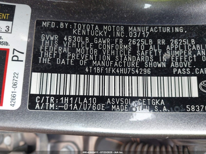 2017 TOYOTA CAMRY XLE - 4T1BF1FK4HU754296