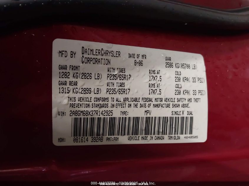 2007 Chrysler Pacifica Touring VIN: 2A8GM68X37R142925 Lot: 42805412