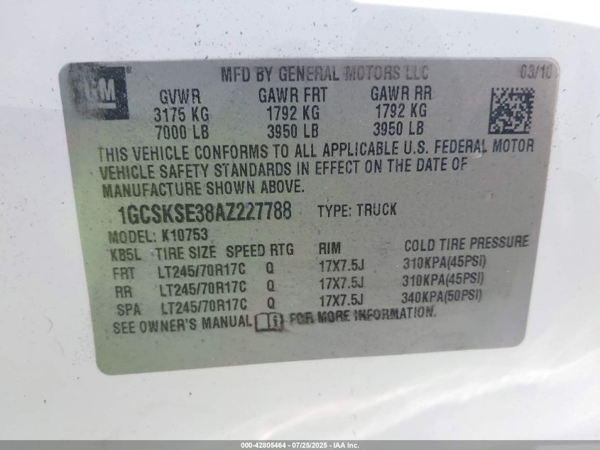 2010 Chevrolet Silverado 1500 Lt VIN: 1GCSKSE38AZ227788 Lot: 42805464