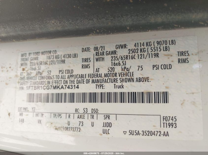 2021 Ford Transit-250 VIN: 1FTBR1CG7MKA74314 Lot: 42805675