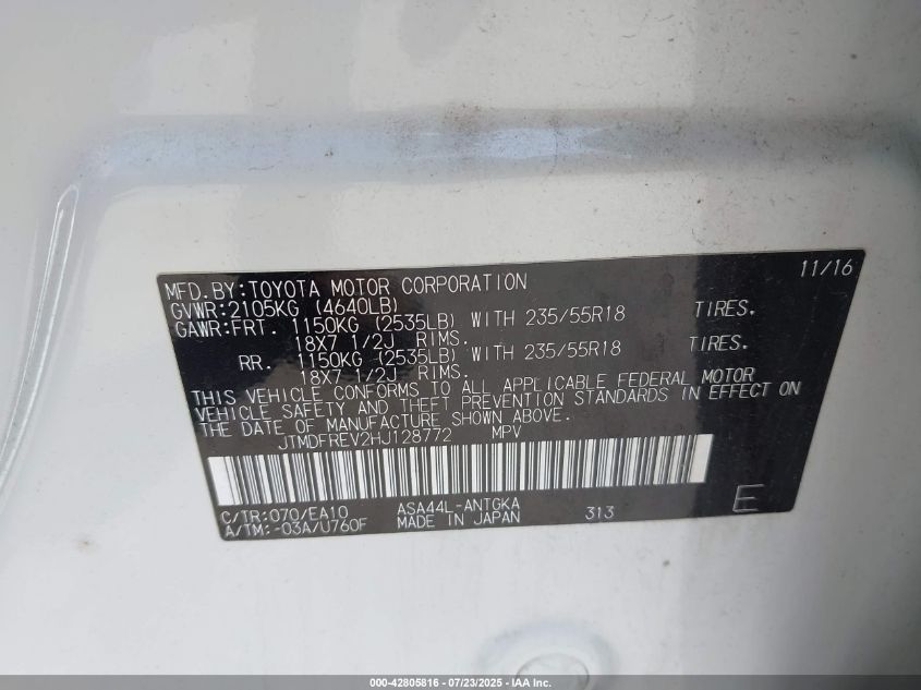 2017 Toyota Rav4 Limited VIN: JTMDFREV2HJ128772 Lot: 42805816