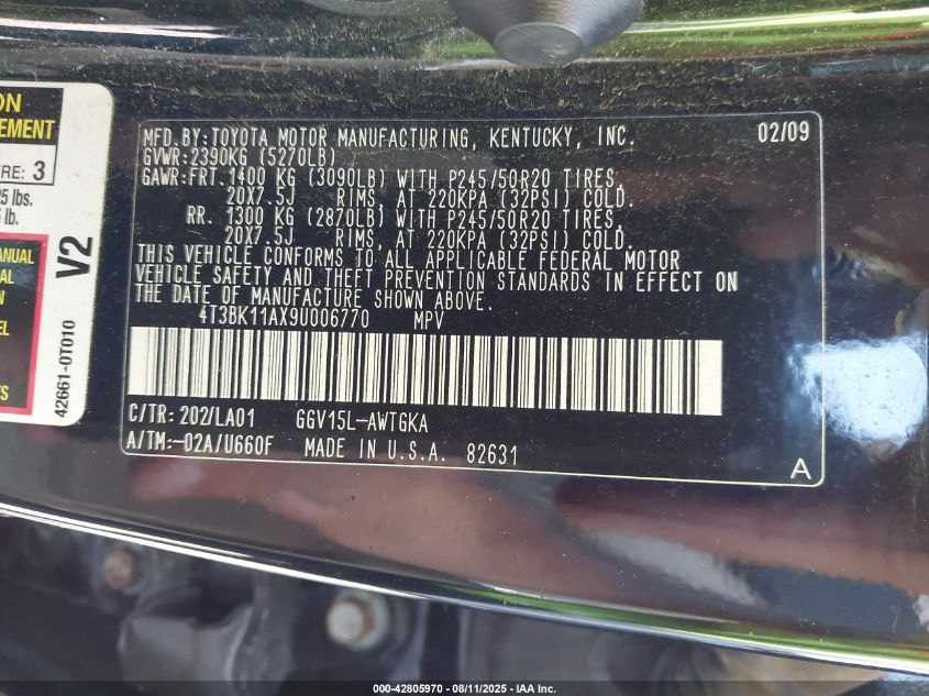 2009 Toyota Venza Base V6 VIN: 4T3BK11AX9U006770 Lot: 42805970