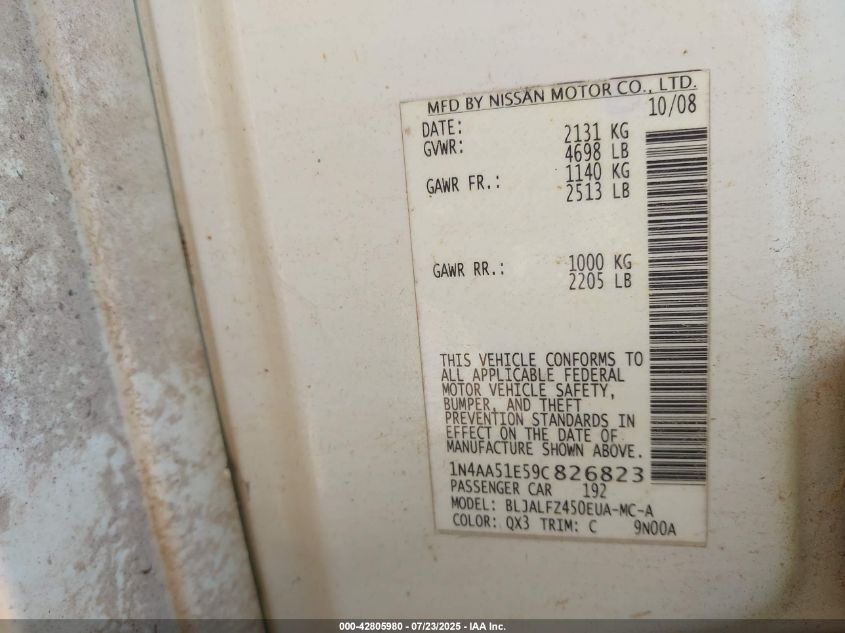 2009 Nissan Maxima 3.5 Sv VIN: 1N4AA51E59C826823 Lot: 42805980