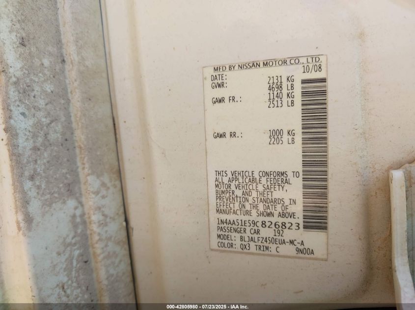 2009 Nissan Maxima 3.5 Sv VIN: 1N4AA51E59C826823 Lot: 42805980