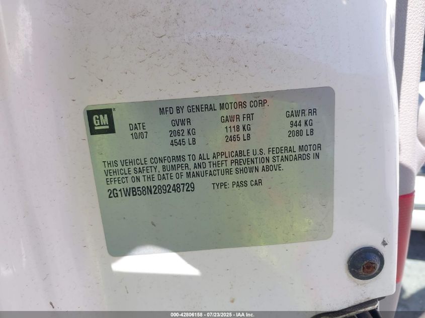 2008 Chevrolet Impala Ls VIN: 2G1WB58N289248729 Lot: 42806158