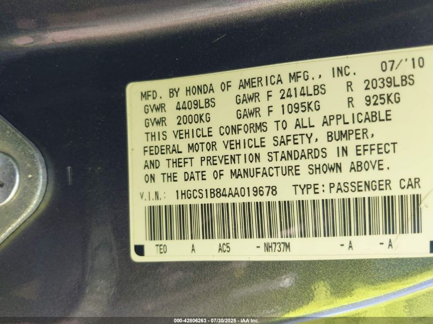 2010 Honda Accord 2.4 Ex-L VIN: 1HGCS1B84AA019678 Lot: 42806263