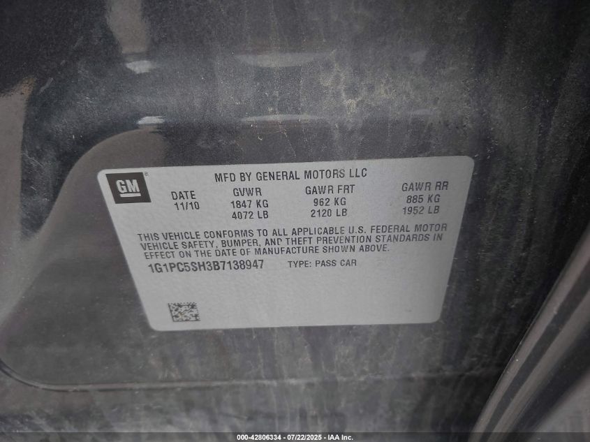 2011 Chevrolet Cruze Ls VIN: 1G1PC5SH3B7138947 Lot: 42806334