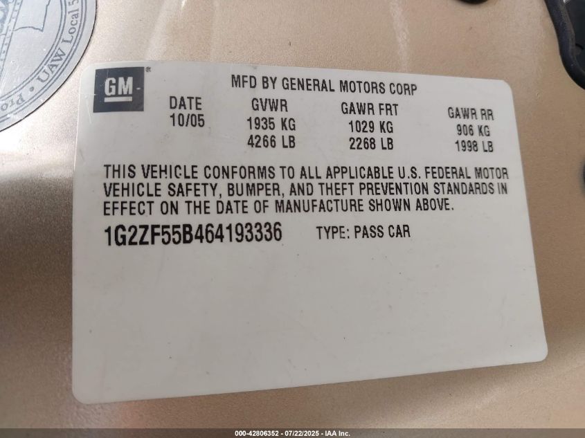 2006 Pontiac G6 VIN: 1G2ZF55B464193336 Lot: 42806352