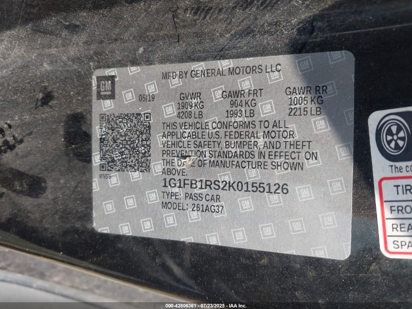 2019 Chevrolet Camaro 1Lt VIN: 1G1FB1RS2K0155126 Lot: 42806361