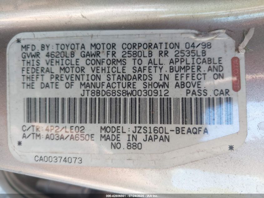 1998 Lexus Gs 300 VIN: JT8BD68S8W0030913 Lot: 42806561