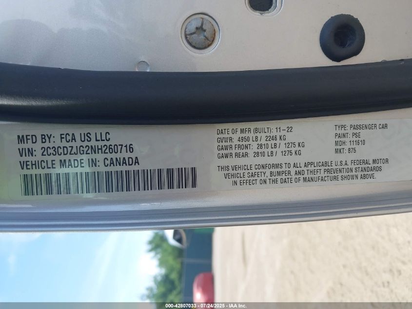 2022 Dodge Challenger Gt VIN: 2C3CDZJG2NH260716 Lot: 42807033