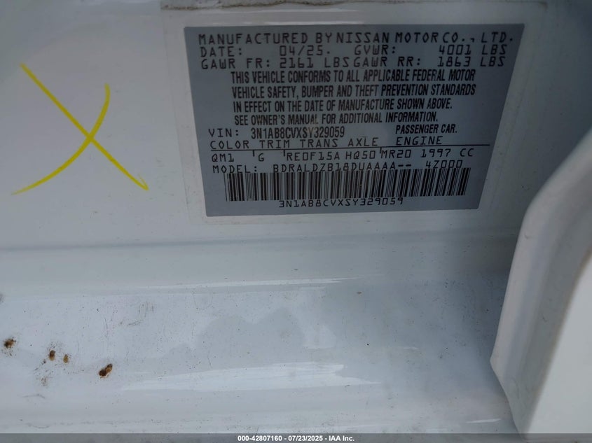 VIN 3N1AB8CVXSY329059 2025 NISSAN SENTRA SV