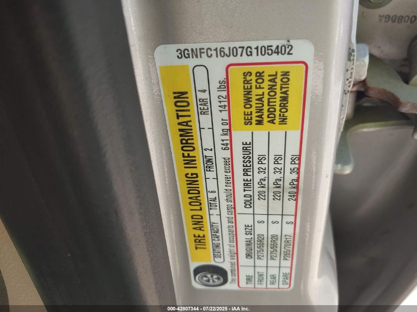 2007 Chevrolet Suburban 1500 Lt VIN: 3GNFC16J07G105402 Lot: 42807344