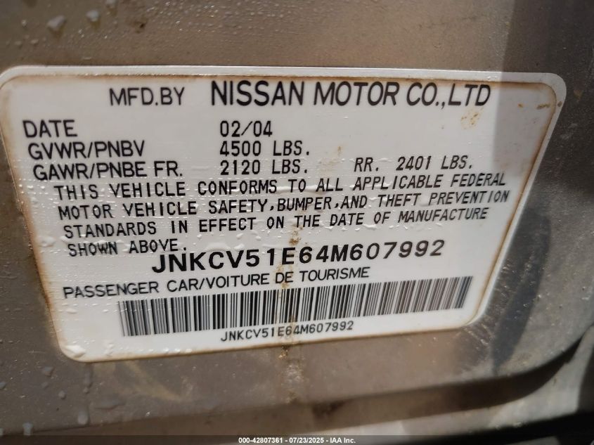 2004 Infiniti G35 VIN: JNKCV51E64M607992 Lot: 42807361