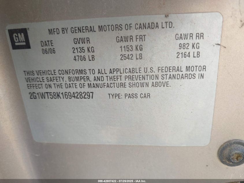 2006 Chevrolet Impala Lt VIN: 2G1WT58K169428297 Lot: 42807422
